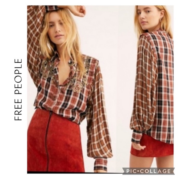 FREE PEOPLE PLAID EMBROIDERED SEQUIN SHIRT - Picture 3 of 6